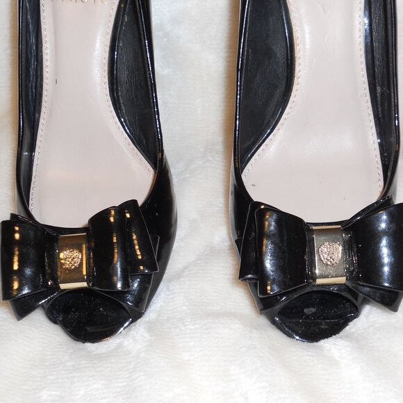 Vince Camuto 6 1/2 Black Patent Leather Peep Toe Wedge Heels "Varro" - Picture 3 of 8